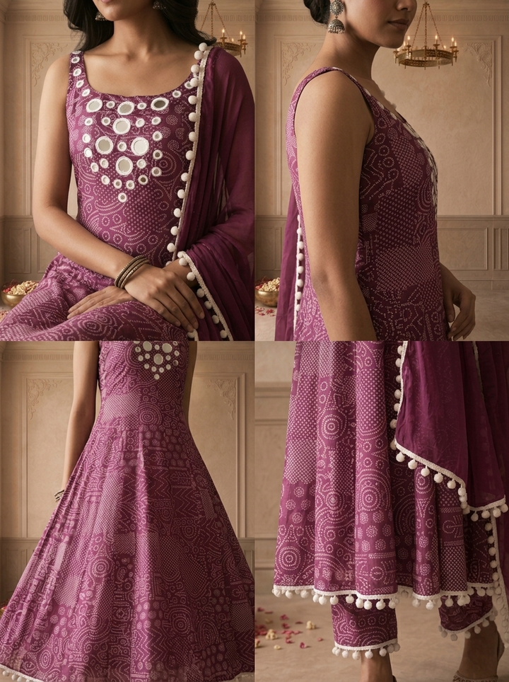 Grape Chinon Bandhej Tribal Patch Printed Three Piece Set