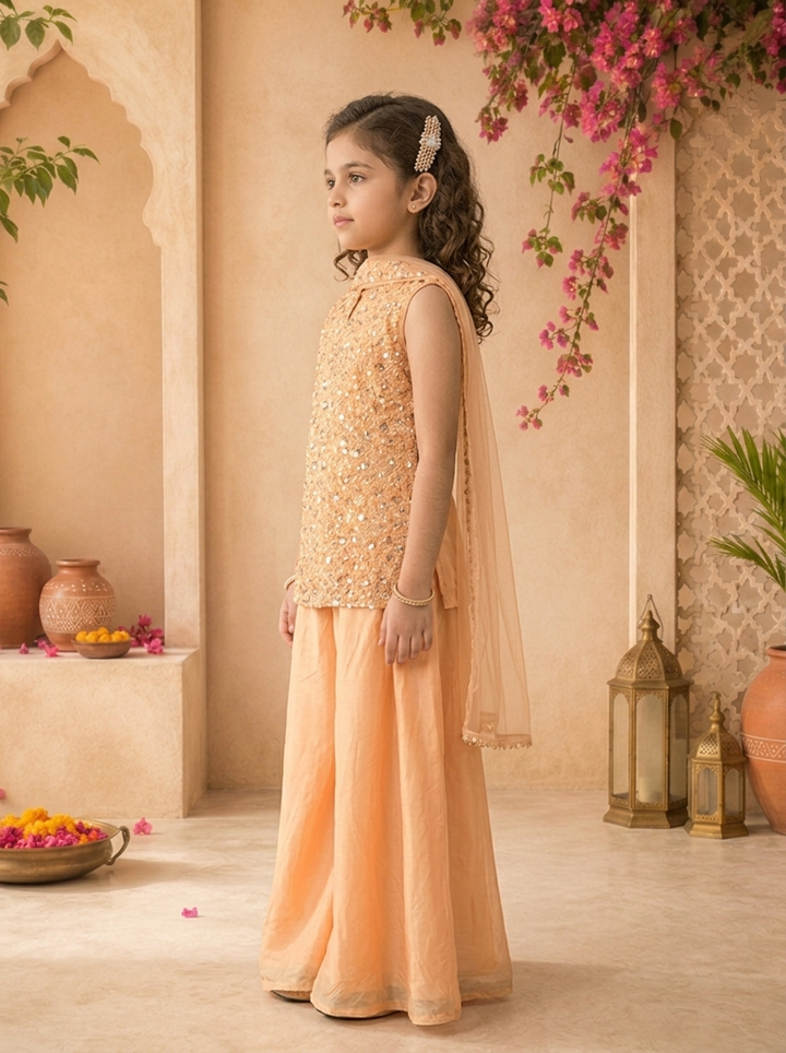 Peach Tissue Sequins Embroidered Palazzo Set