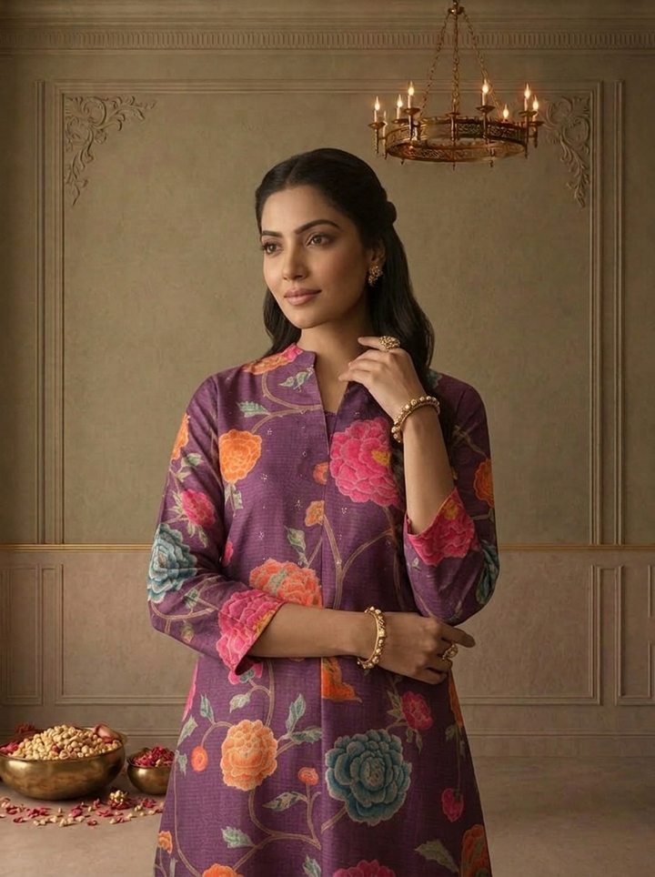 Purple Muslin Chintz Peony Floral Vine Printed Kurta