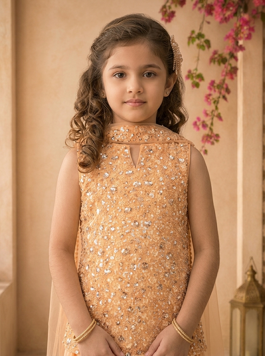 Peach Tissue Sequins Embroidered Palazzo Set