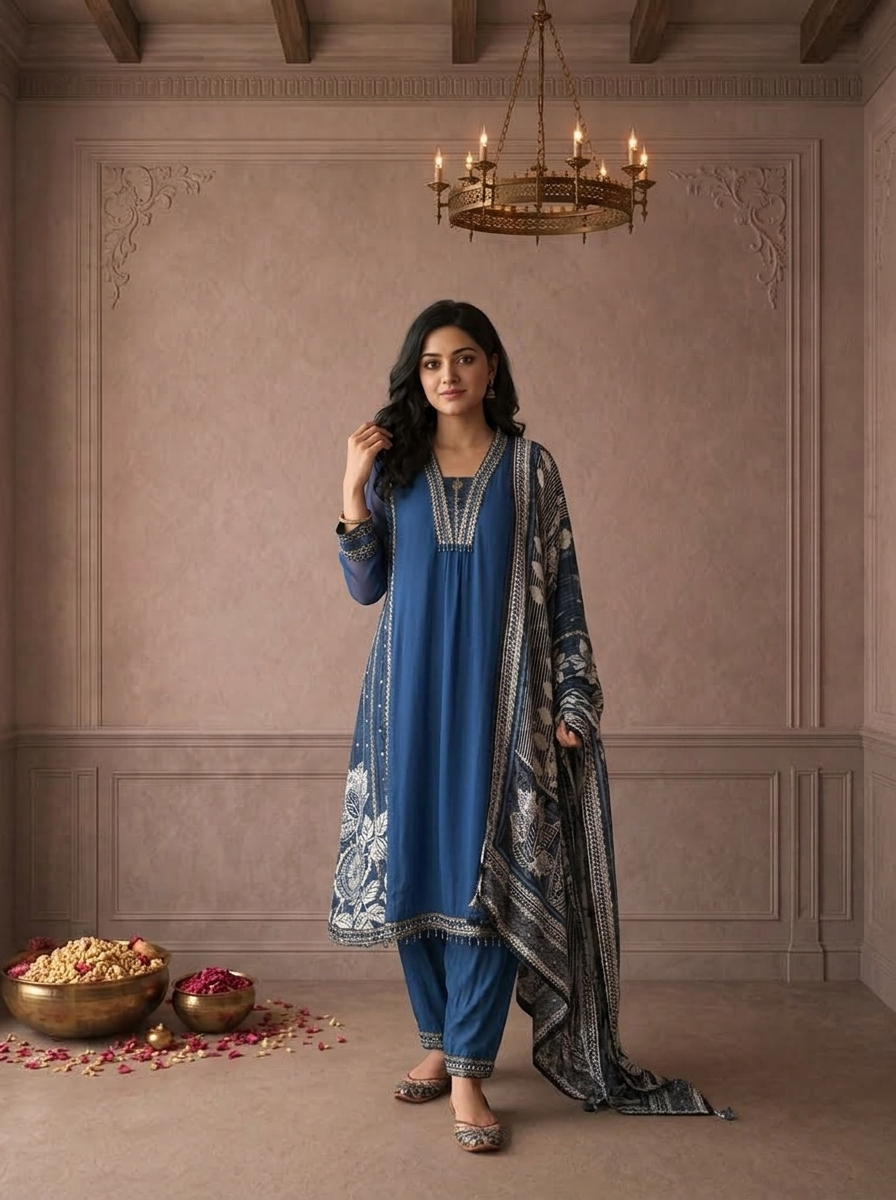 Indigo Georgette Bold Floral Printed Three Piece Set