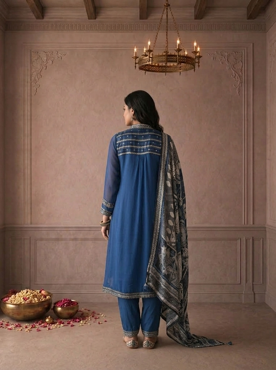 Indigo Georgette Bold Floral Printed Three Piece Set