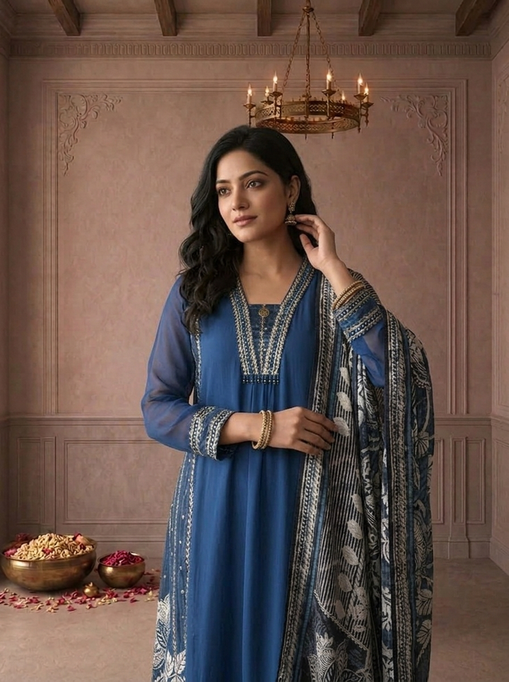 Indigo Georgette Bold Floral Printed Three Piece Set