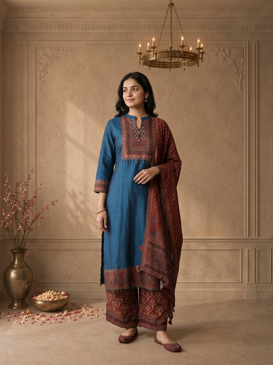 Teal Blue Silk Ajrakh Paisley Printed Three Piece Set