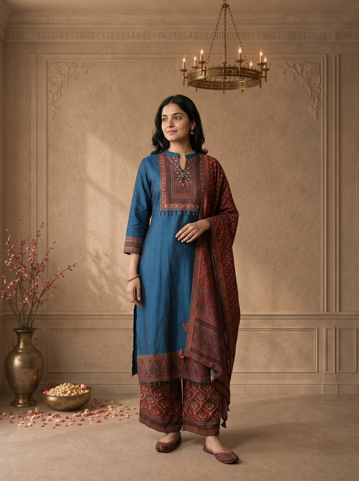 Teal Blue Silk Ajrakh Paisley Printed Three Piece Set