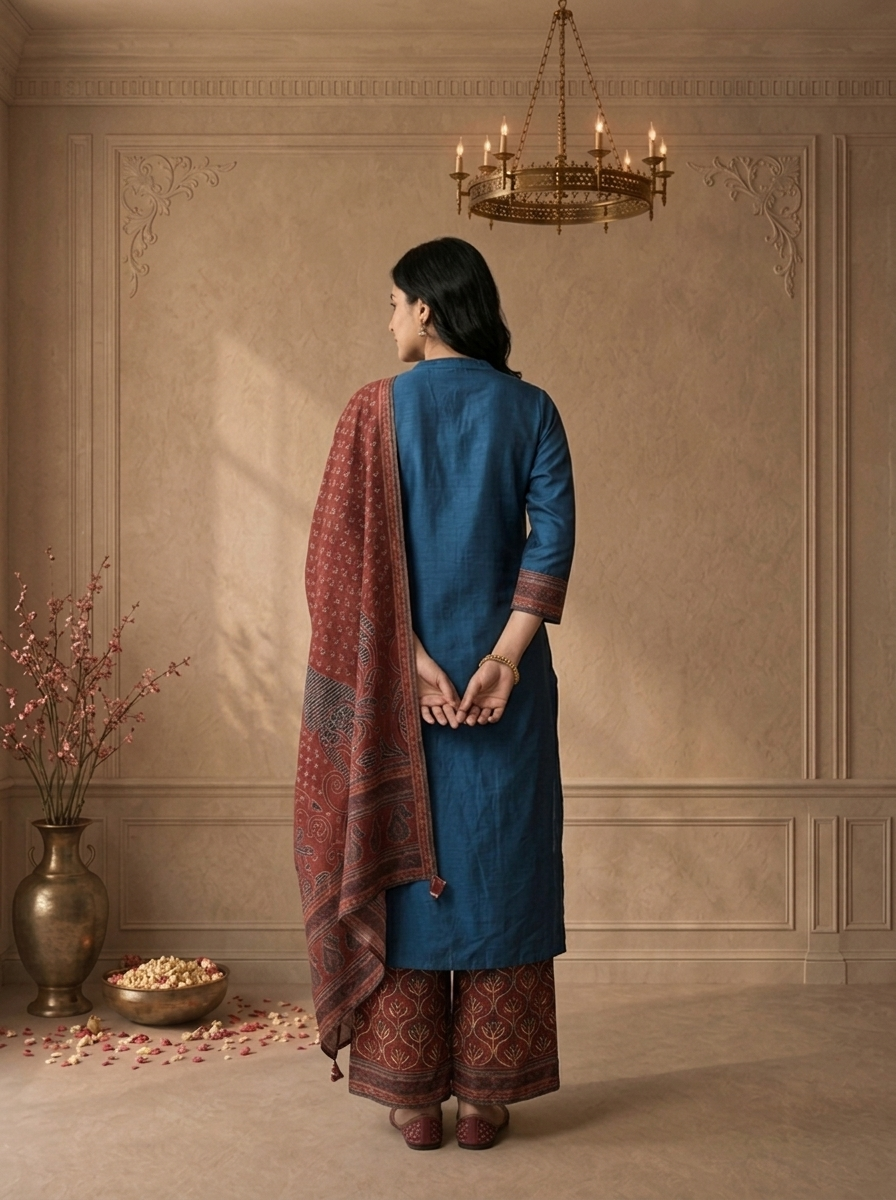 Teal Blue Silk Ajrakh Paisley Printed Three Piece Set