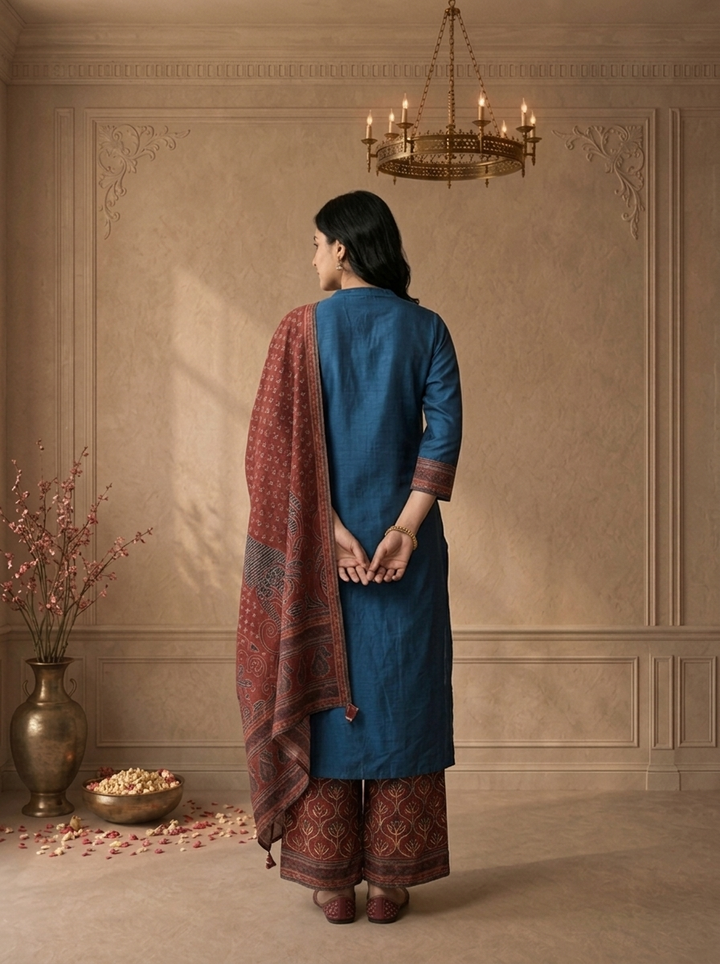 Teal Blue Silk Ajrakh Paisley Printed Three Piece Set