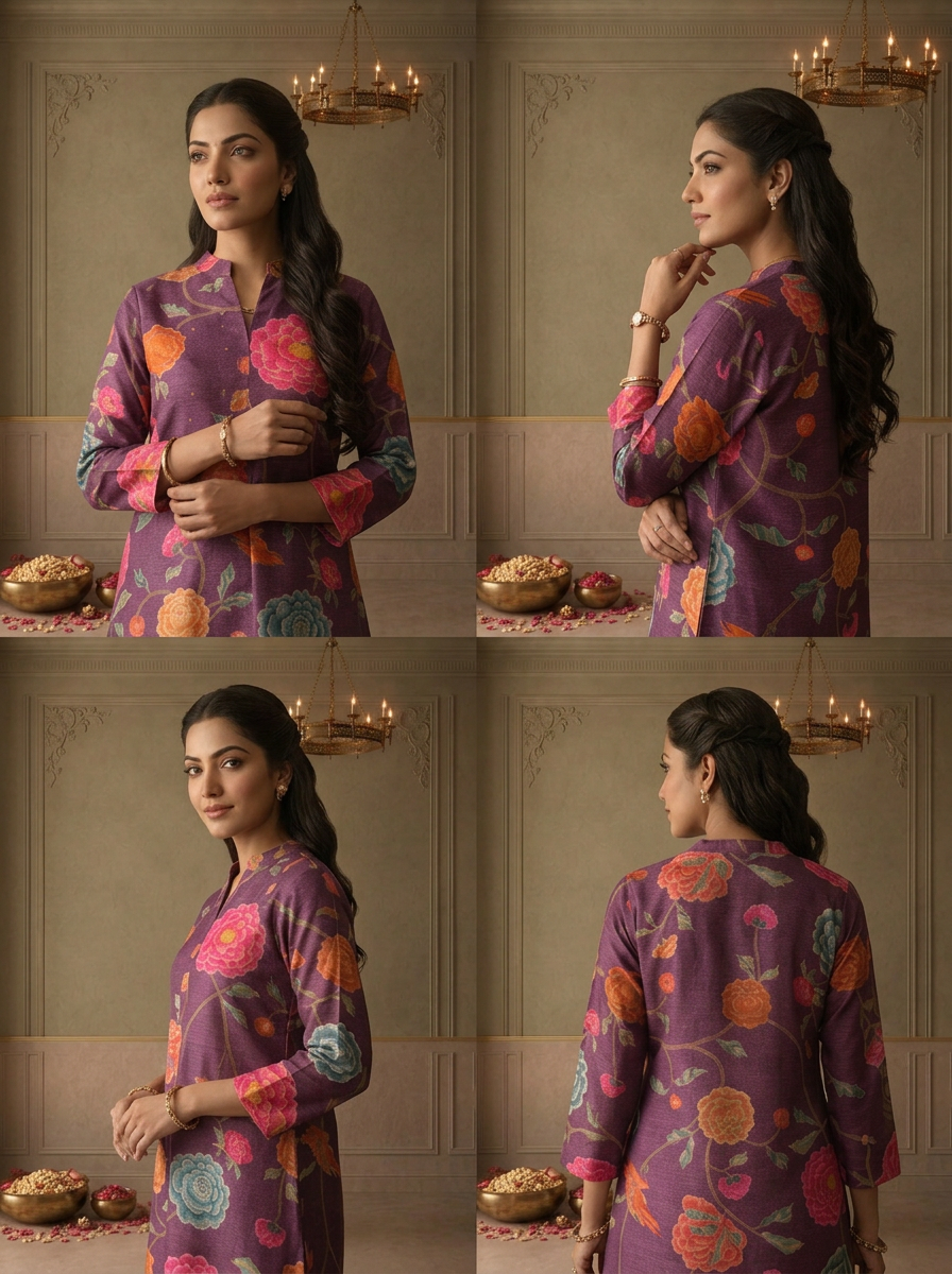 Purple Muslin Chintz Peony Floral Vine Printed Kurta