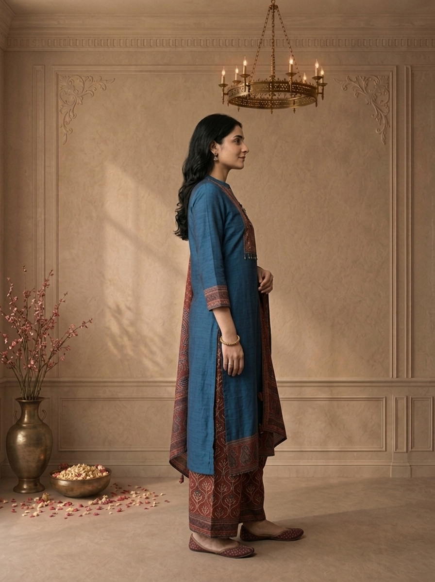 Teal Blue Silk Ajrakh Paisley Printed Three Piece Set