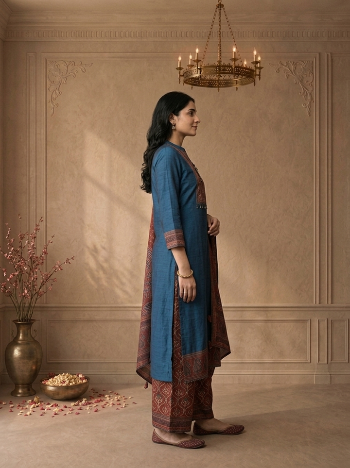 Teal Blue Silk Ajrakh Paisley Printed Three Piece Set