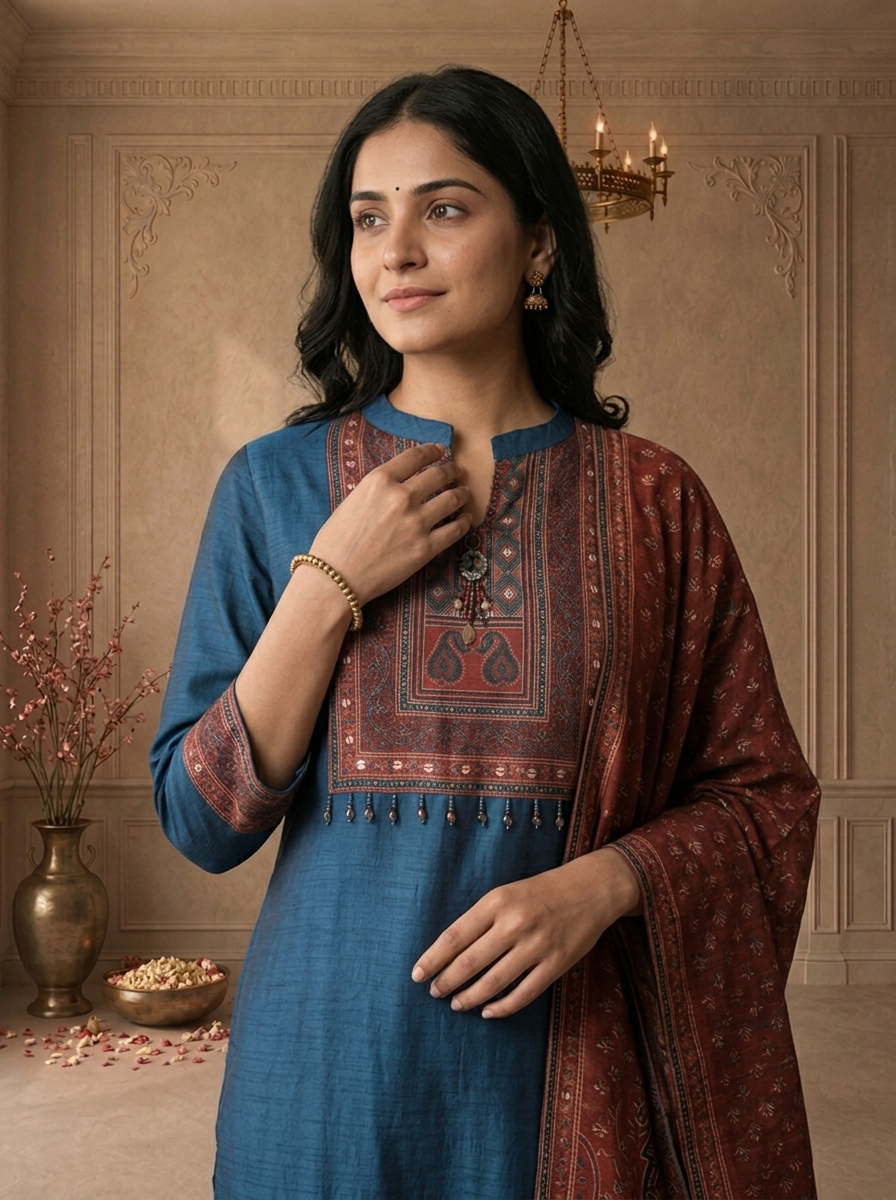Teal Blue Silk Ajrakh Paisley Printed Three Piece Set