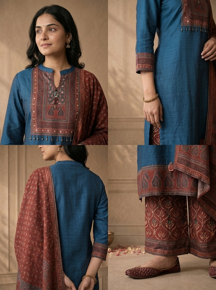 Teal Blue Silk Ajrakh Paisley Printed Three Piece Set