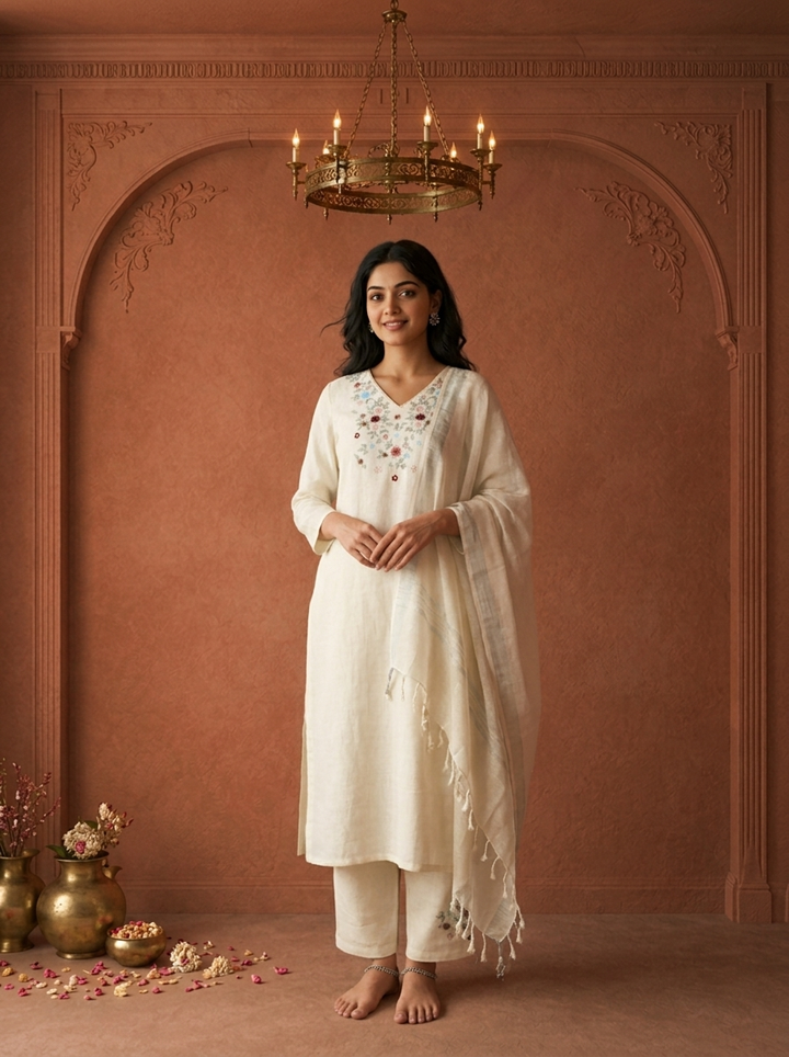 White Linen Multicolor Floral Embroidered Three Piece Set
