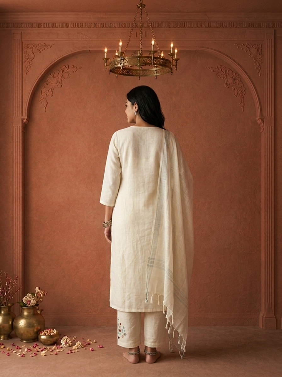 White Linen Multicolor Floral Embroidered Three Piece Set