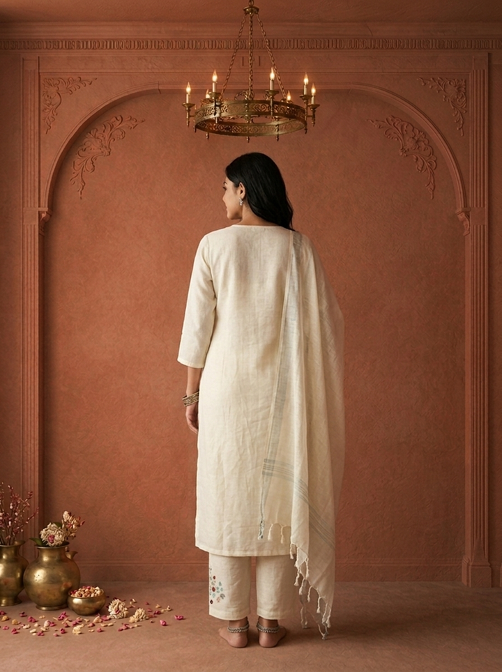 White Linen Multicolor Floral Embroidered Three Piece Set