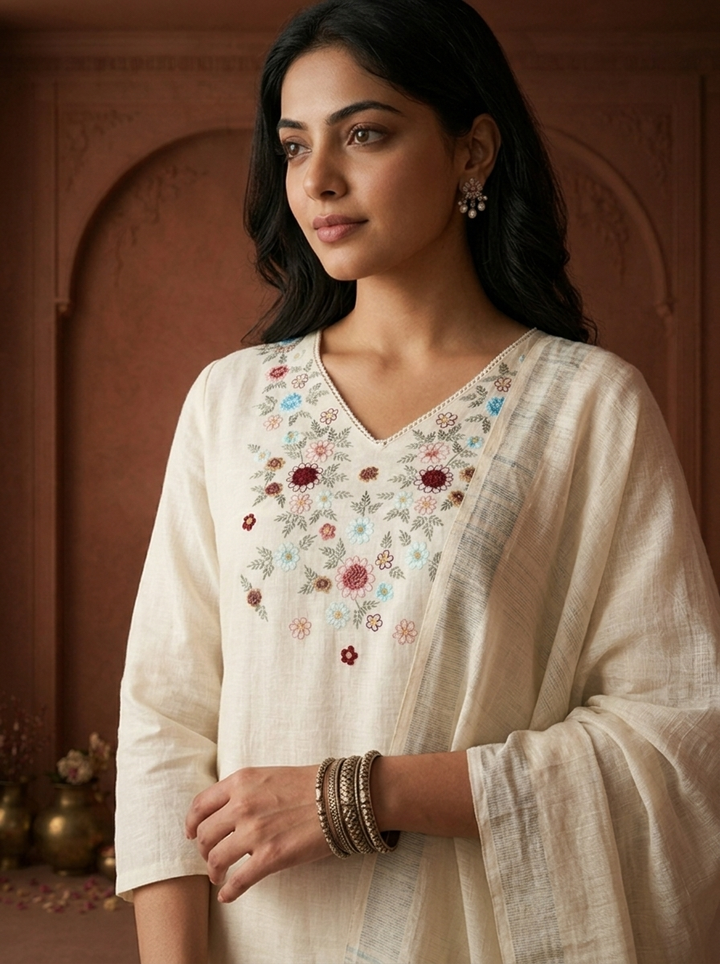 White Linen Multicolor Floral Embroidered Three Piece Set