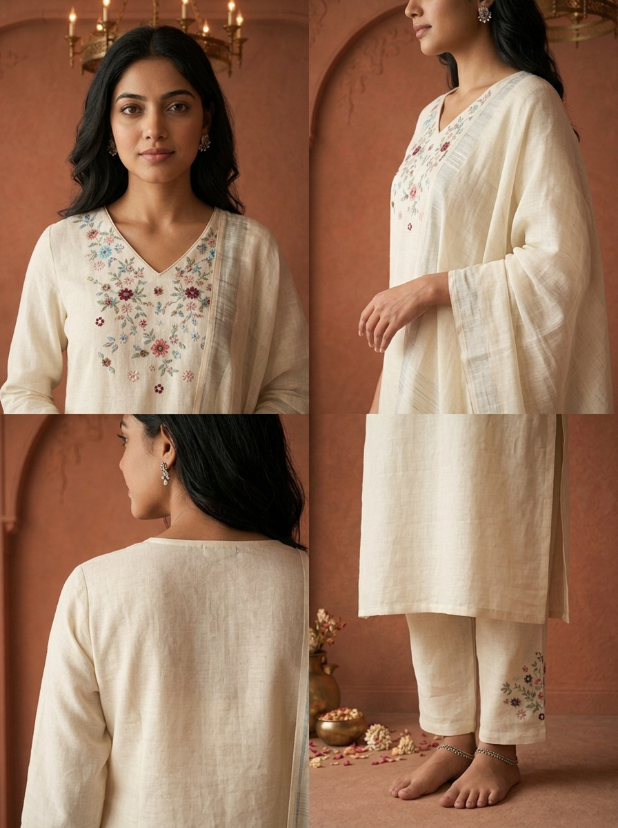White Linen Multicolor Floral Embroidered Three Piece Set