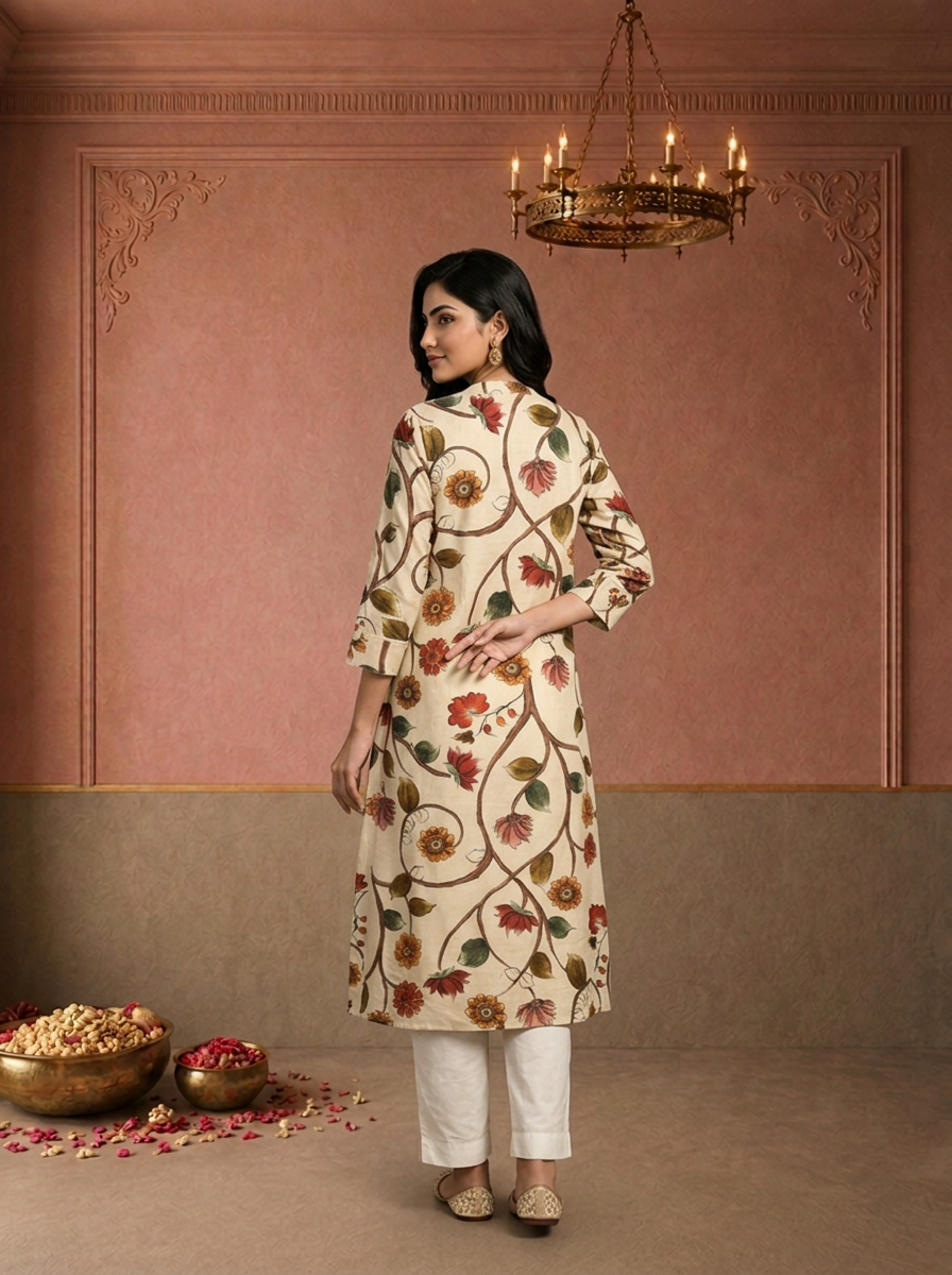 Cream Muslin Lotus Floral Tree Printed Kurta
