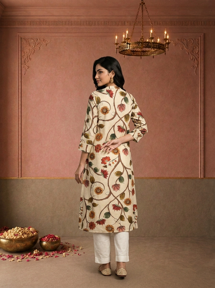 Cream Muslin Lotus Floral Tree Printed Kurta