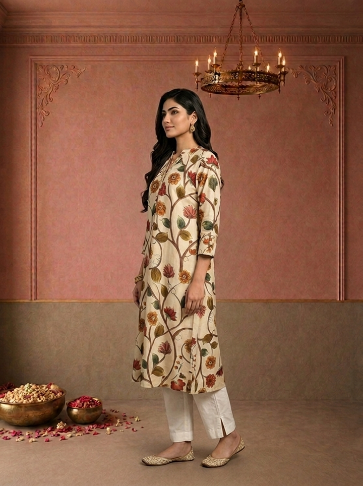 Cream Muslin Lotus Floral Tree Printed Kurta