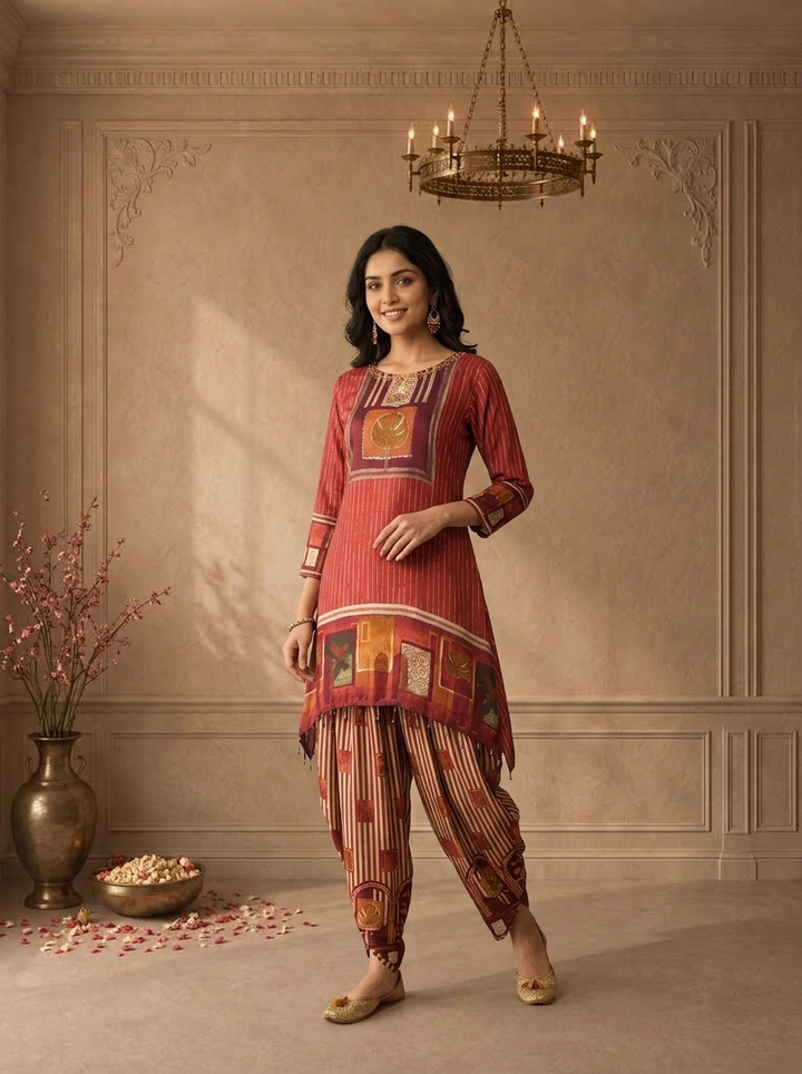 Maroon Crepe Ajrakh Printed Two Piece Set