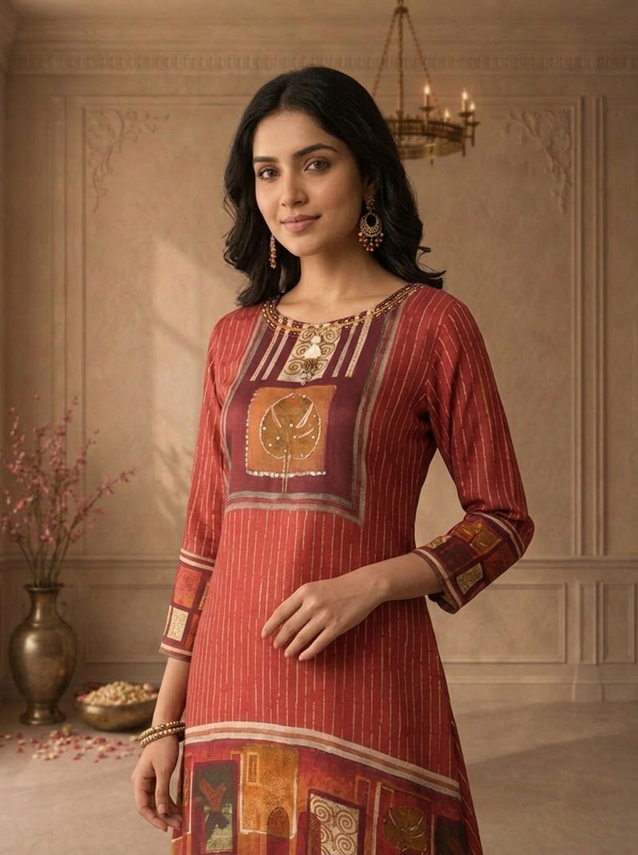 Maroon Crepe Ajrakh Printed Two Piece Set