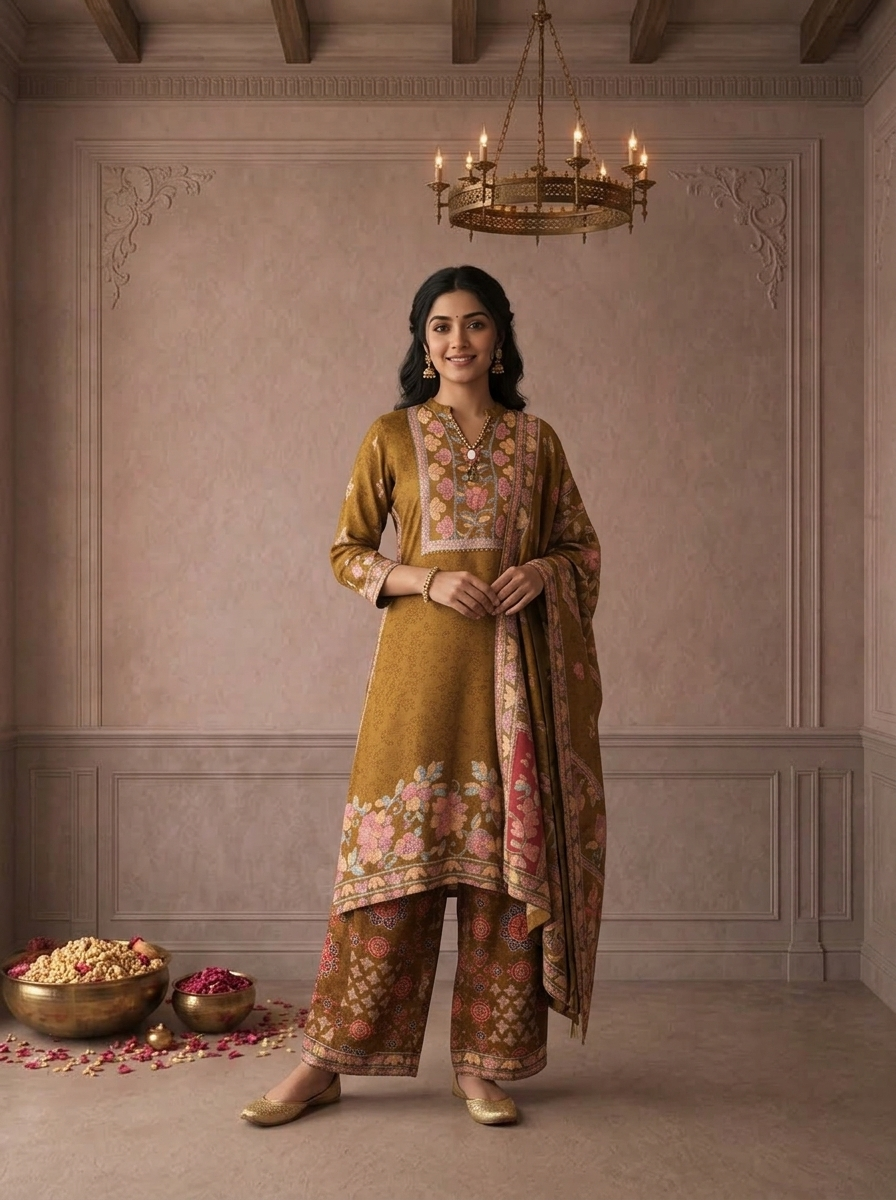 Green Crepe Floral Jaal Printed Three Piece Set
