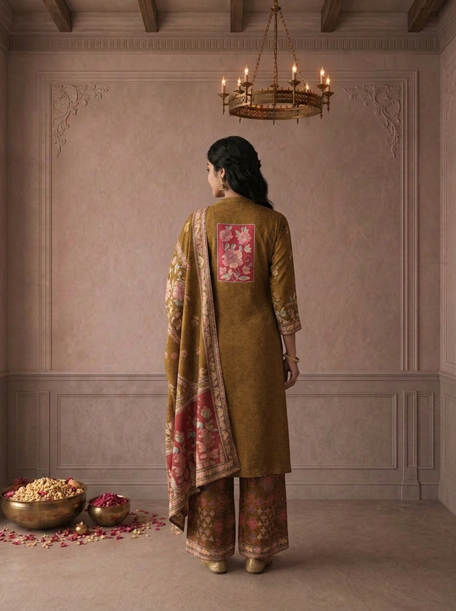 Green Crepe Floral Jaal Printed Three Piece Set