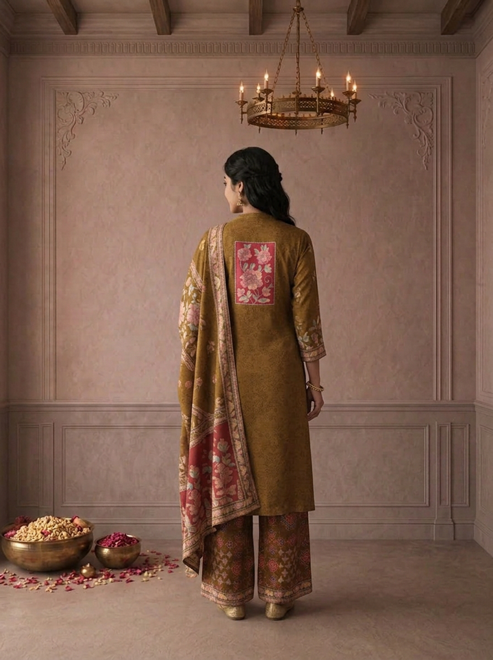Green Crepe Floral Jaal Printed Three Piece Set