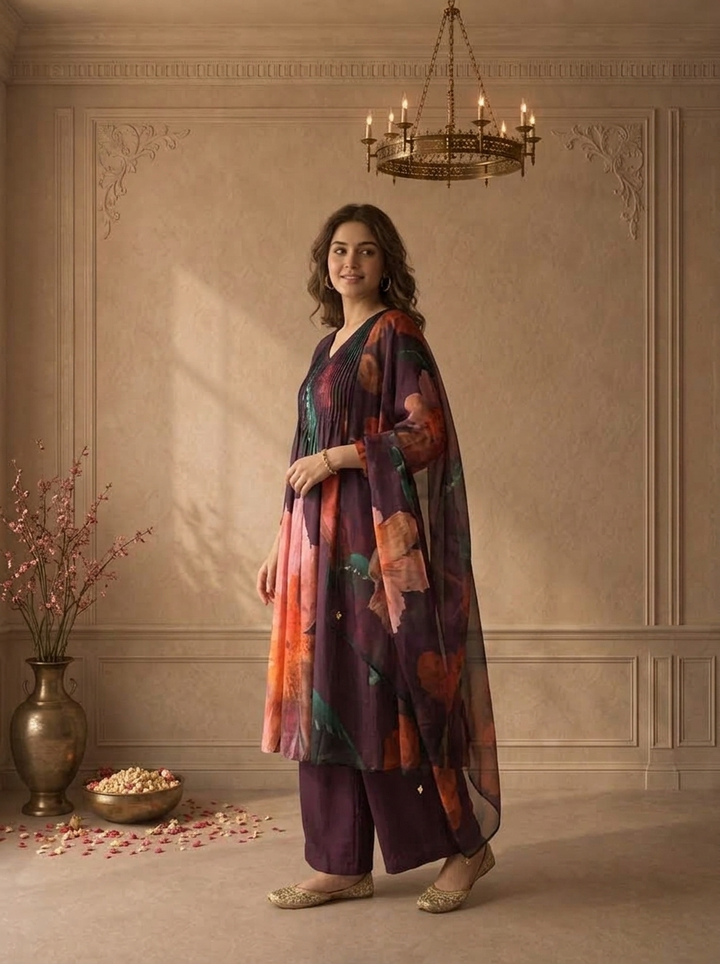 Wine Muslin Watercolor Floral Printed Three Piece Set