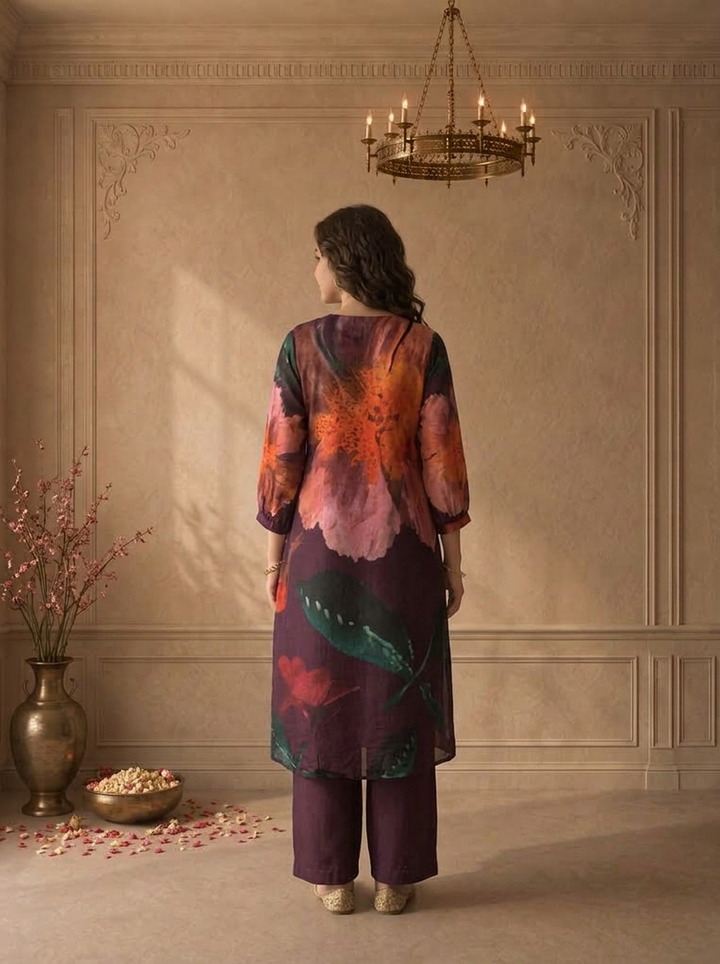 Wine Muslin Watercolor Floral Printed Three Piece Set