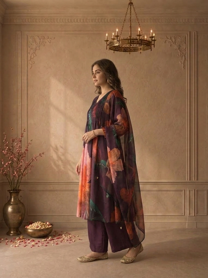 Wine Muslin Watercolor Floral Printed Three Piece Set