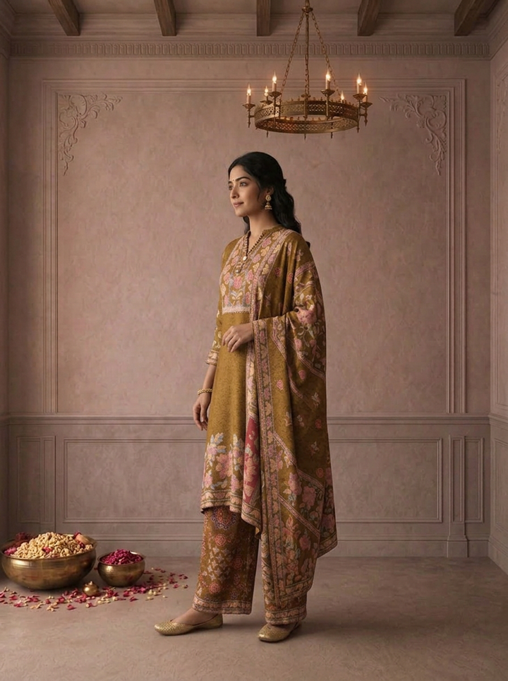 Green Crepe Floral Jaal Printed Three Piece Set