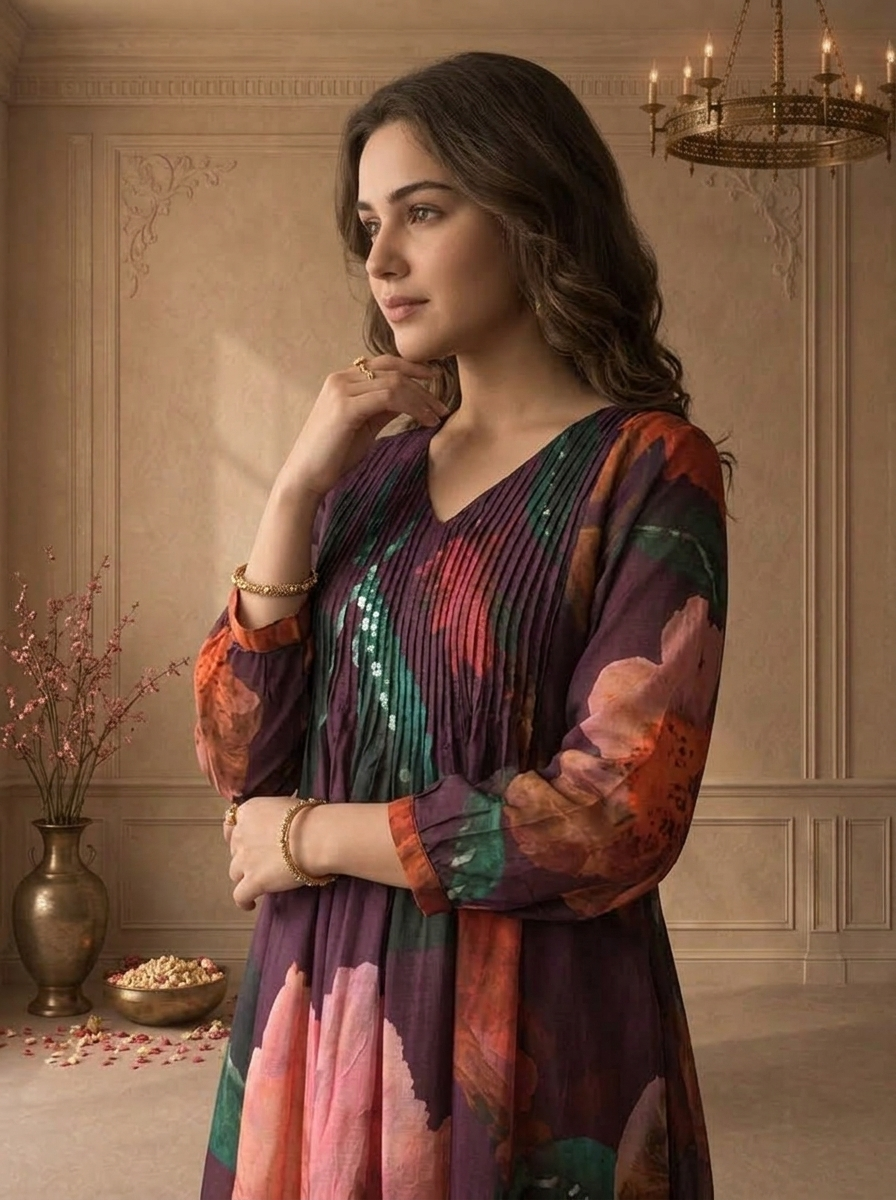 Wine Muslin Watercolor Floral Printed Three Piece Set