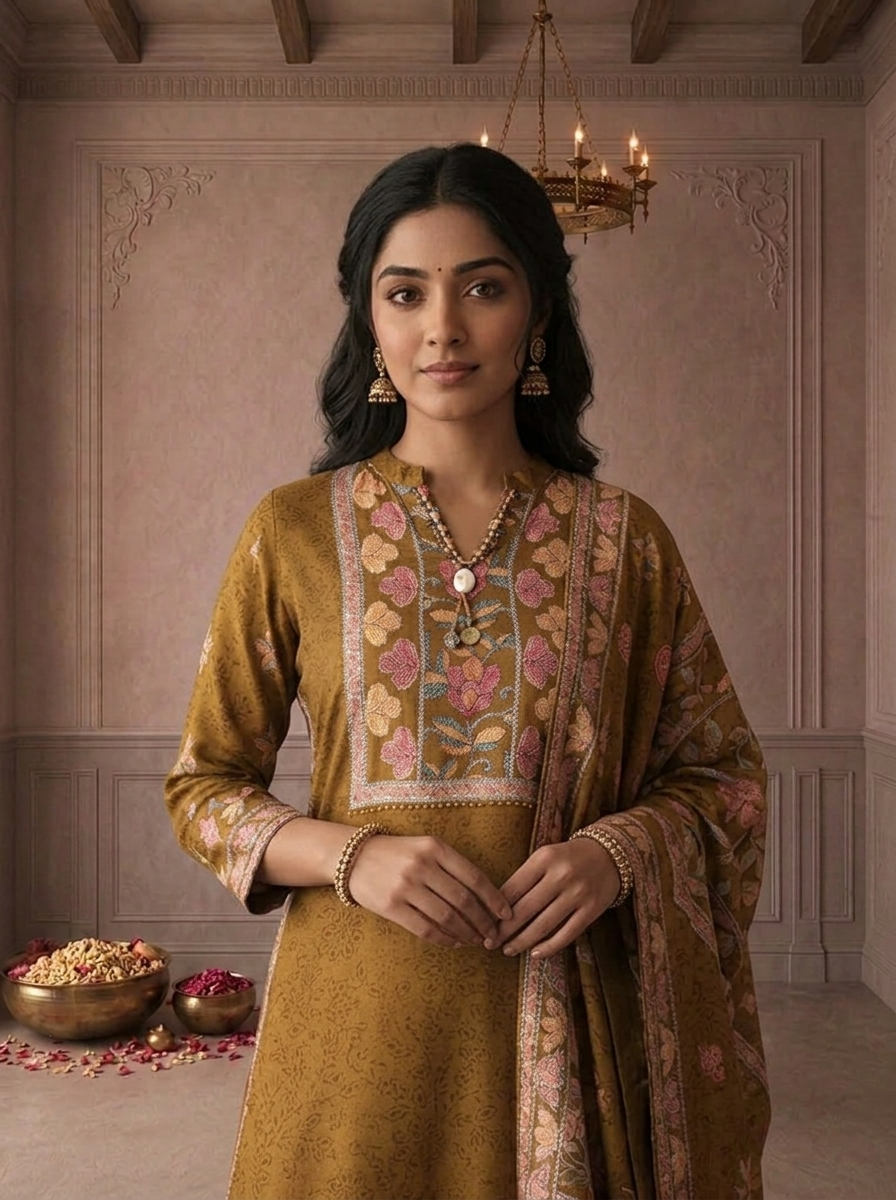 Green Crepe Floral Jaal Printed Three Piece Set