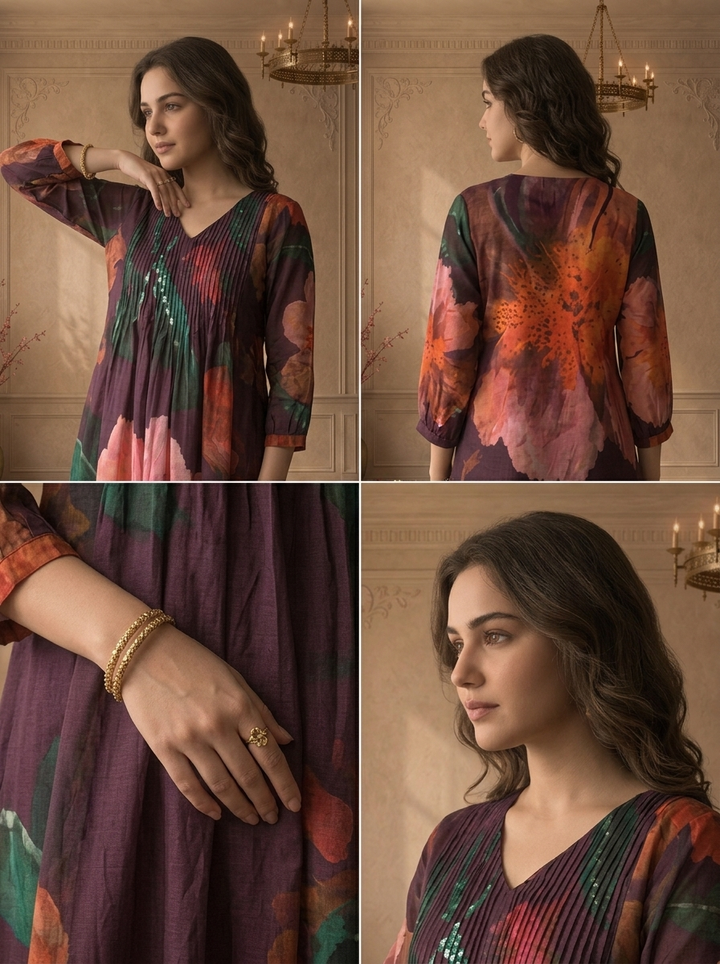 Wine Muslin Watercolor Floral Printed Three Piece Set
