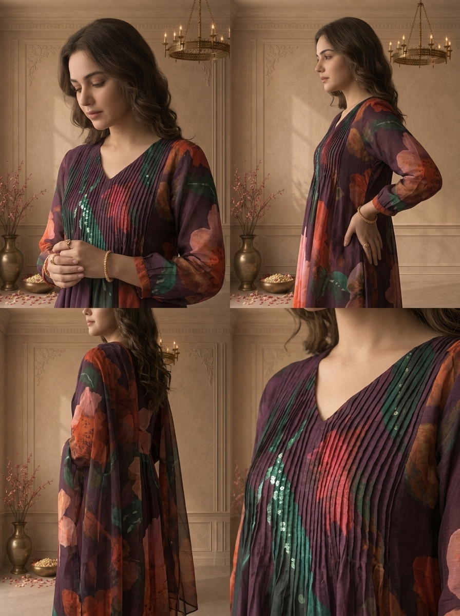 Wine Muslin Watercolor Floral Printed Three Piece Set