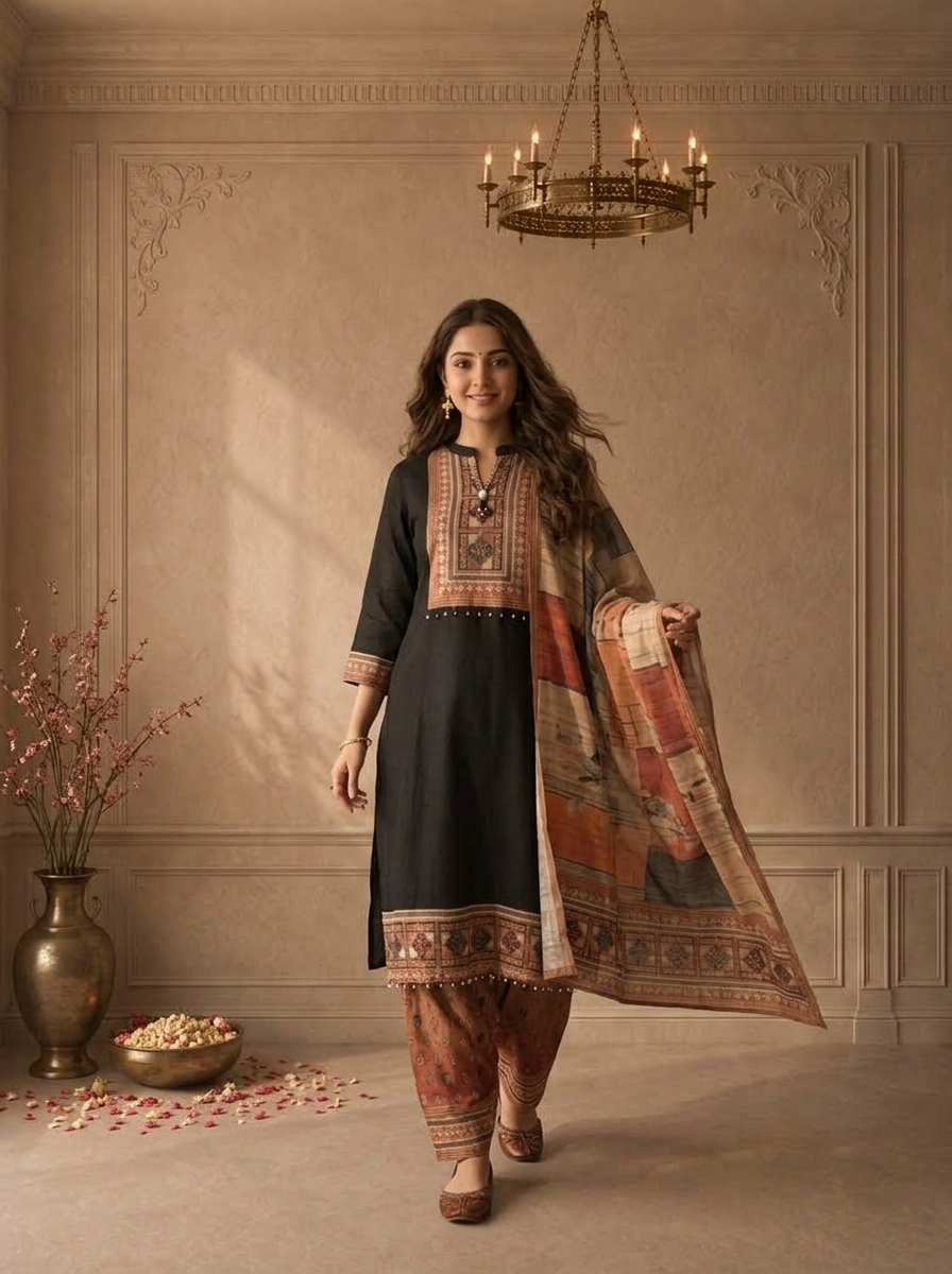 Black Silk Ethnic Patchwork Printed Three Piece Set