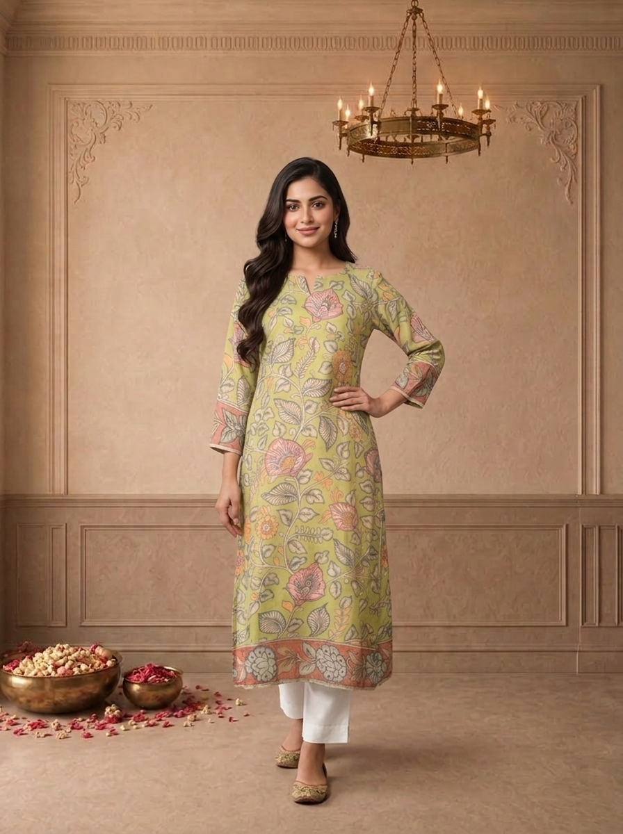 Green Muslin Chintz Floral Vine Printed Kurta