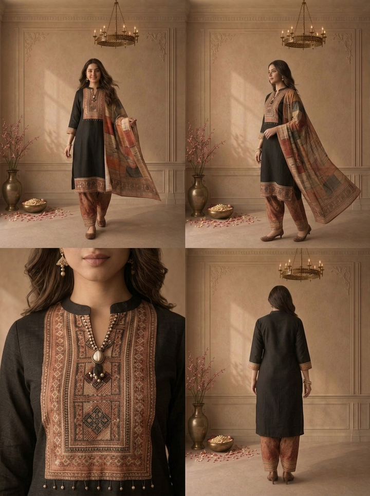 Black Silk Ethnic Patchwork Printed Three Piece Set
