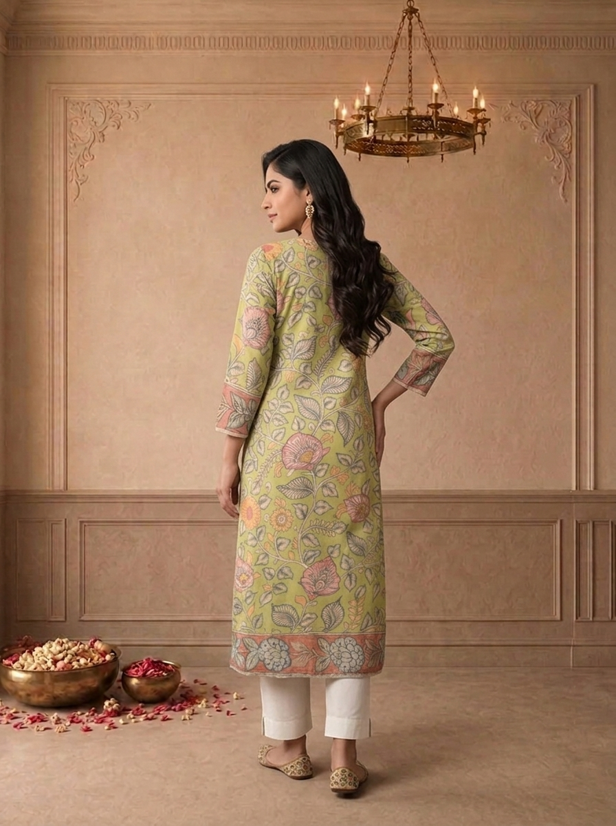 Green Muslin Chintz Floral Vine Printed Kurta