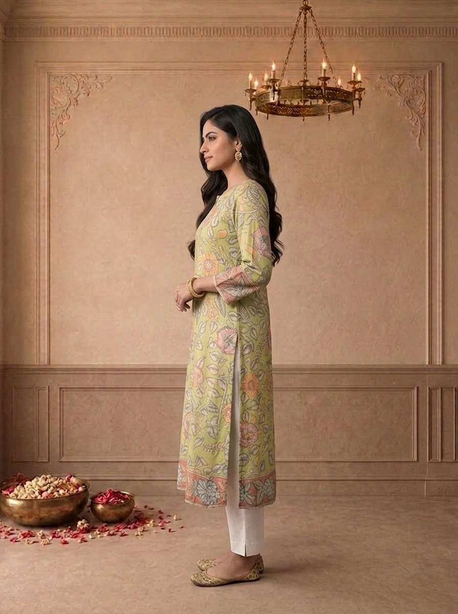 Green Muslin Chintz Floral Vine Printed Kurta
