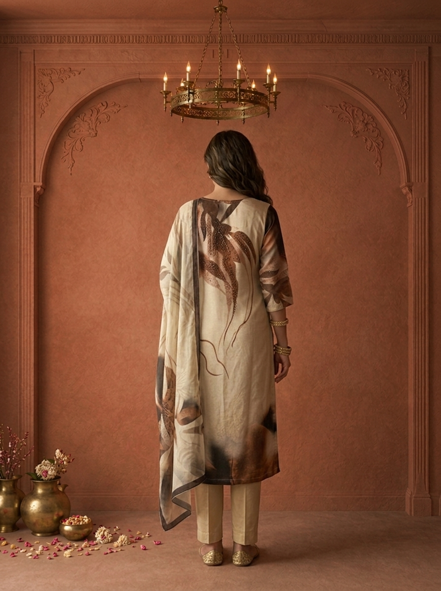 Beige Linen Abstract Leaf Printed Three Piece Set