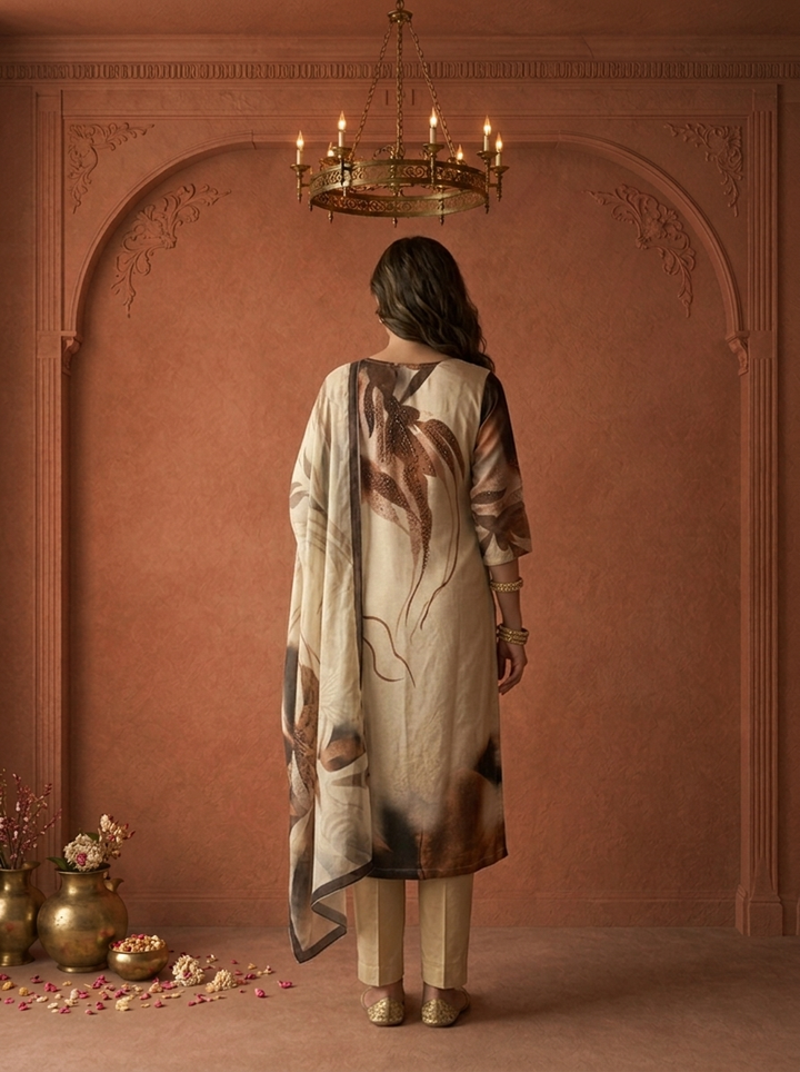 Beige Linen Abstract Leaf Printed Three Piece Set
