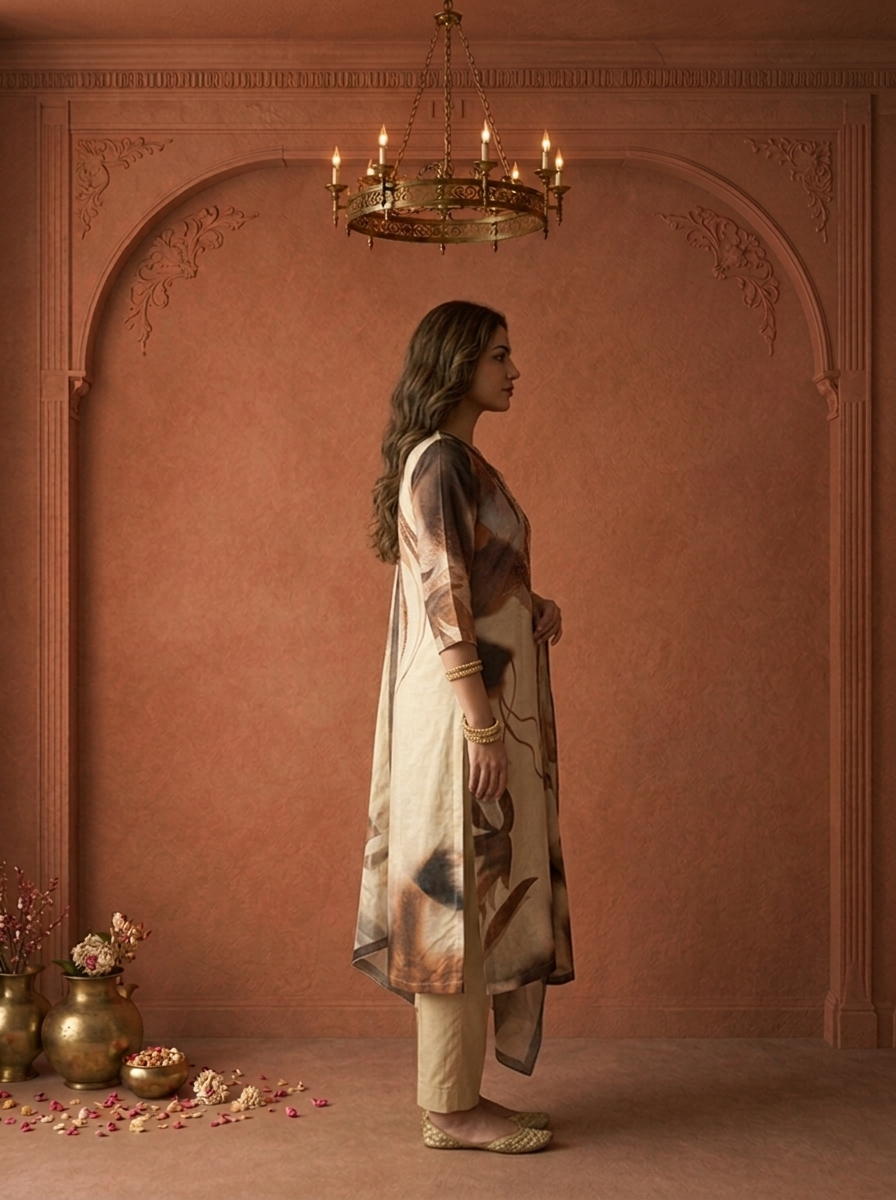 Beige Linen Abstract Leaf Printed Three Piece Set
