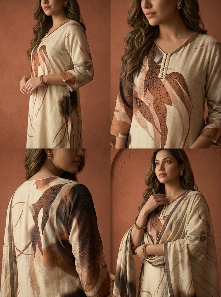Beige Linen Abstract Leaf Printed Three Piece Set