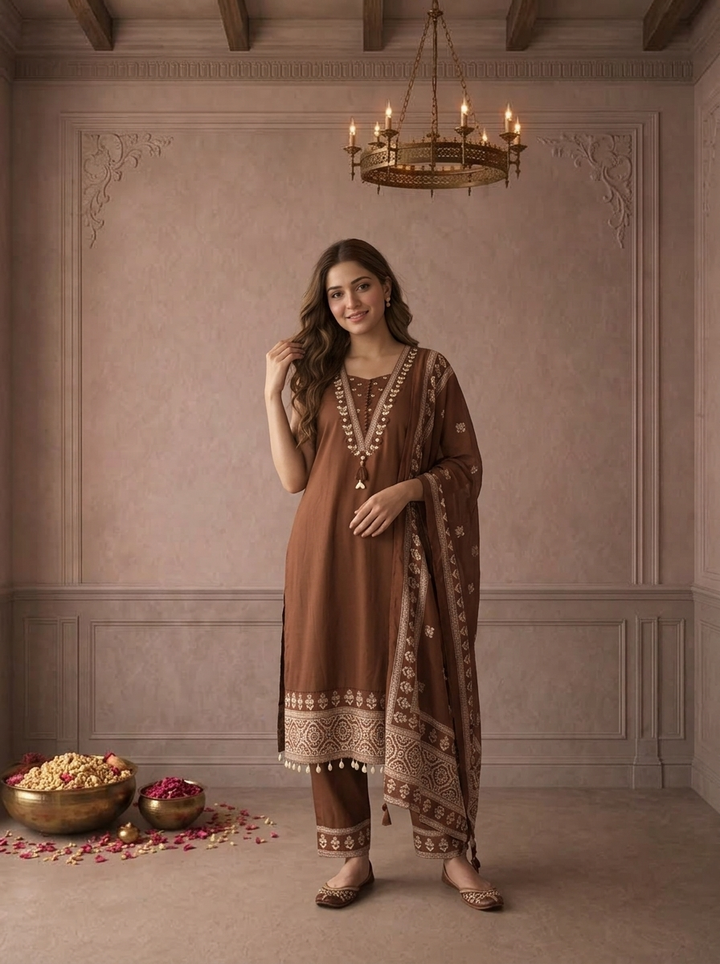 Brown Cotton Floral Buti Printed Three Piece Set