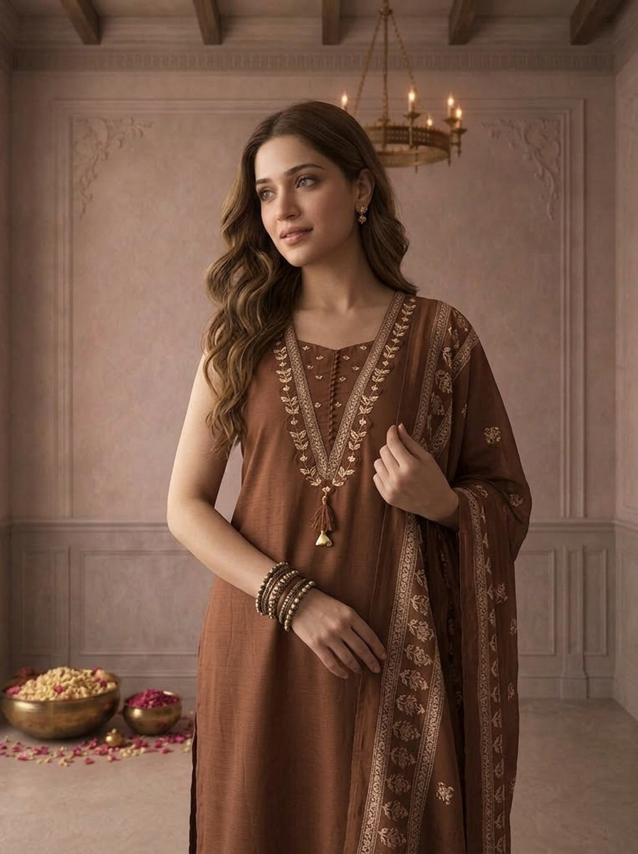 Brown Cotton Floral Buti Printed Three Piece Set