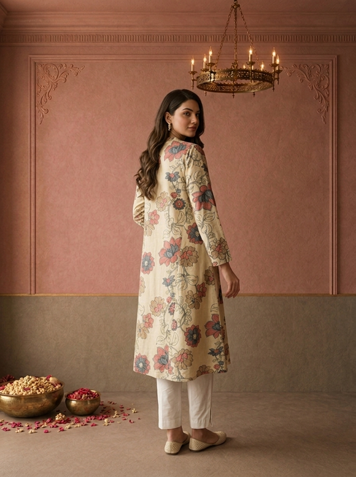 Beige Muslin Floral Vine Printed Kurta