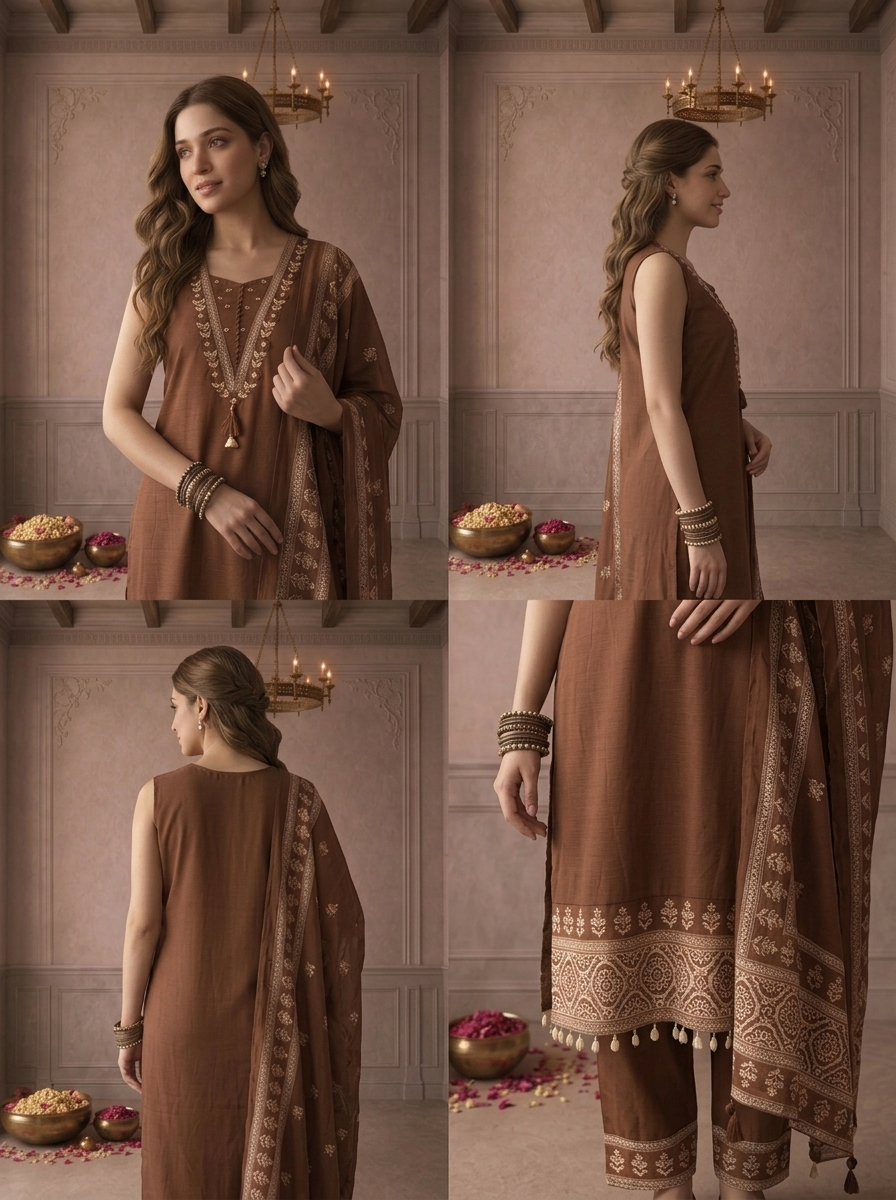 Brown Cotton Floral Buti Printed Three Piece Set